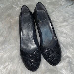 Stuart Weitzman Black Leather Shiny Peep Toe pumps